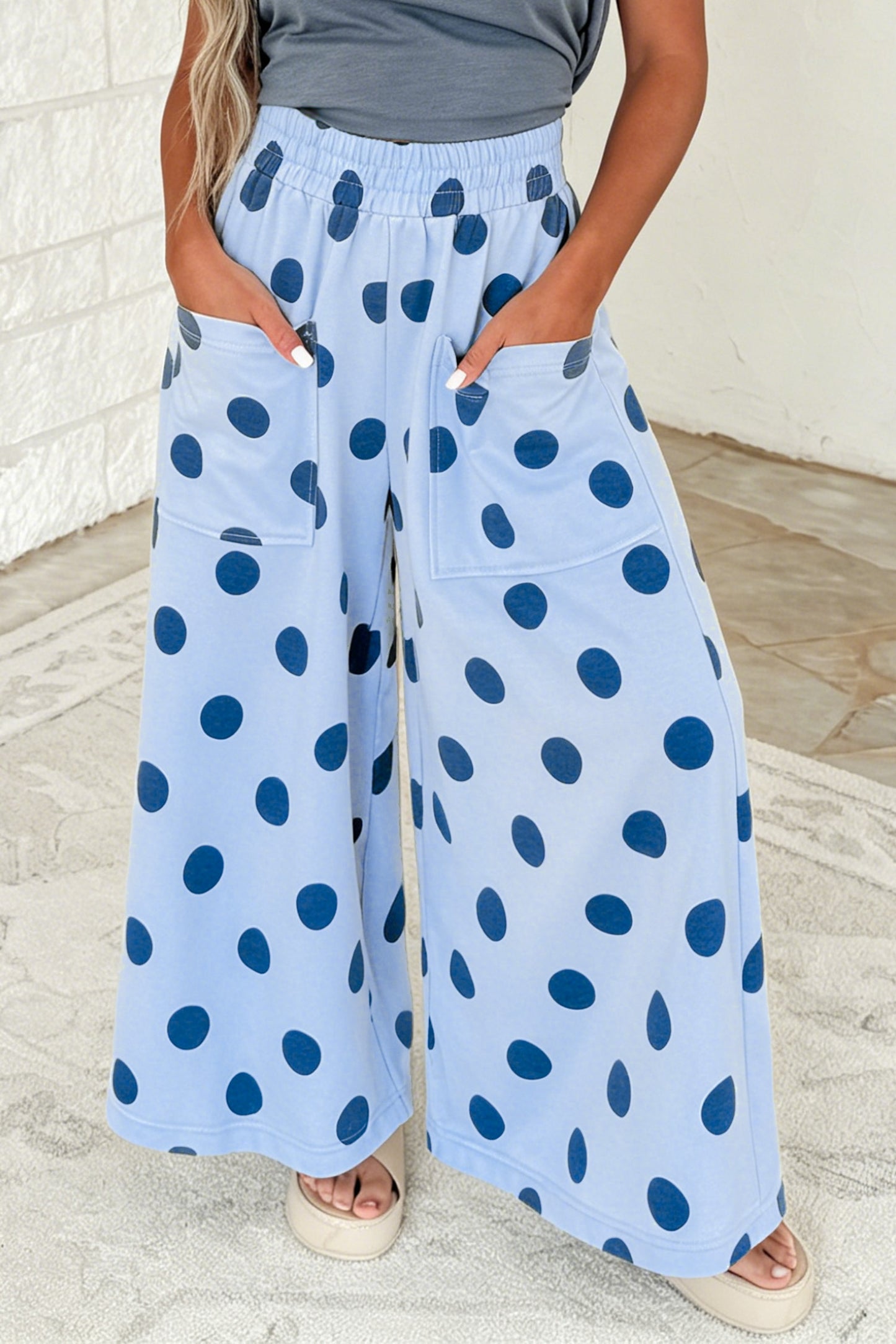 Brown Polka Dot Wide Leg Elastic Waist Casual Pants