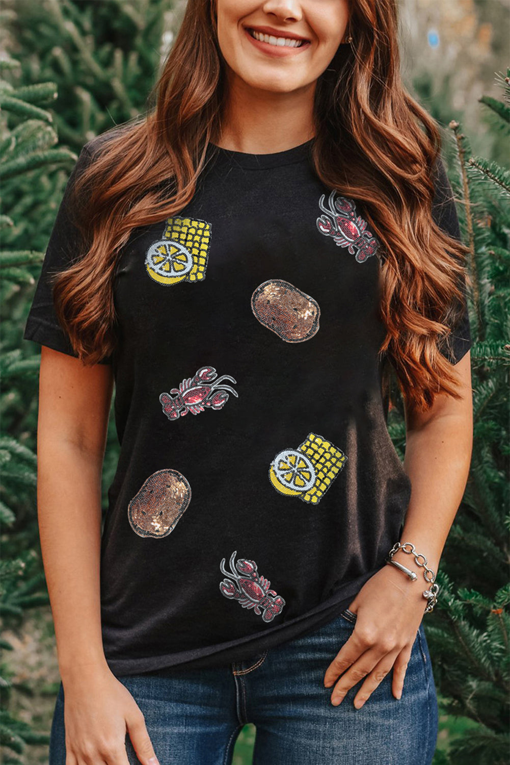 White Sequin Crawfish Potato Lemon Corn Graphic Crewneck T Shirt