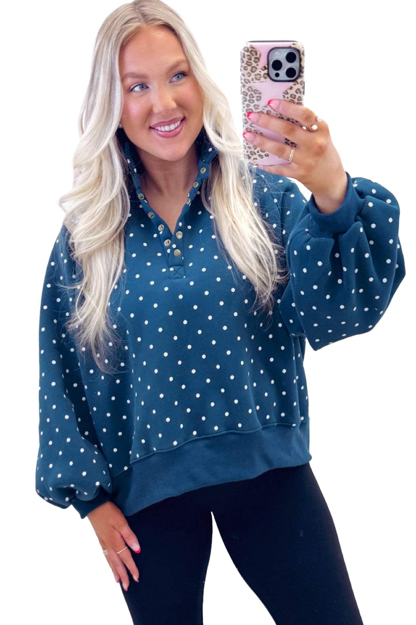 Pink Polka Dot Print Metal Button Collar Casual Pullover Sweatshirt