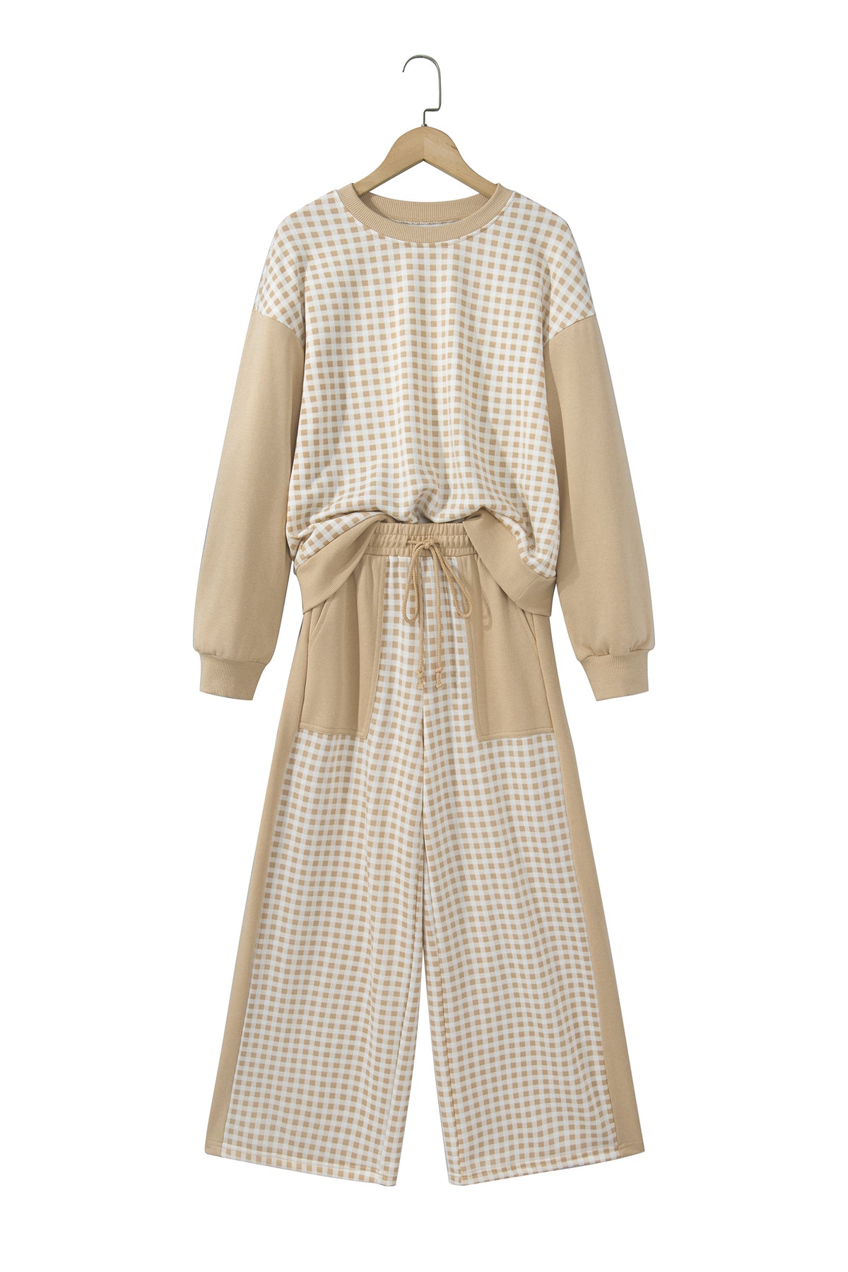 Pink Color Block Plaid Patchwork Long Sleeve Pullover Wide Leg Pant Set
