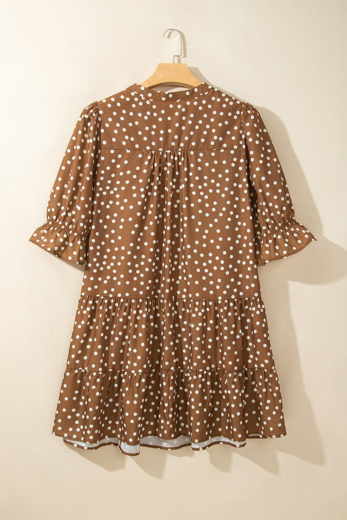Brown V Neck Polka Dot Long Sleeve Shift Plus Size Dress