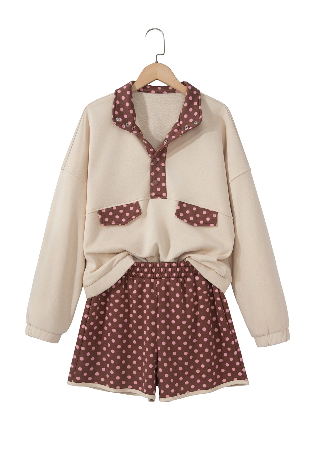 Brown Polka Dot Contrast Baggy Pullover and Elastic Waist Shorts 2pcs Set