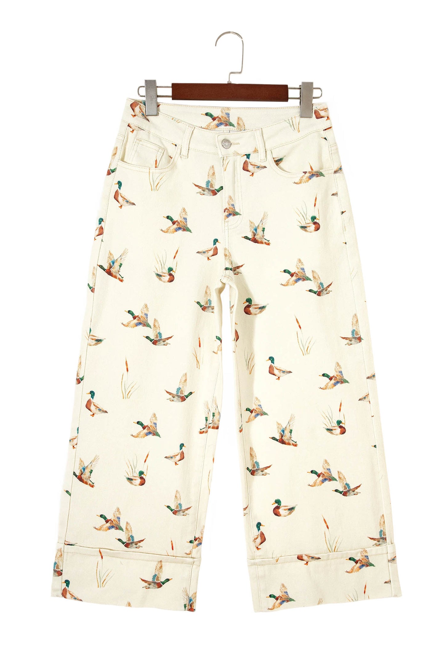 Beige Stylish Mallard Printed Cuffed Hem Shift Jeans