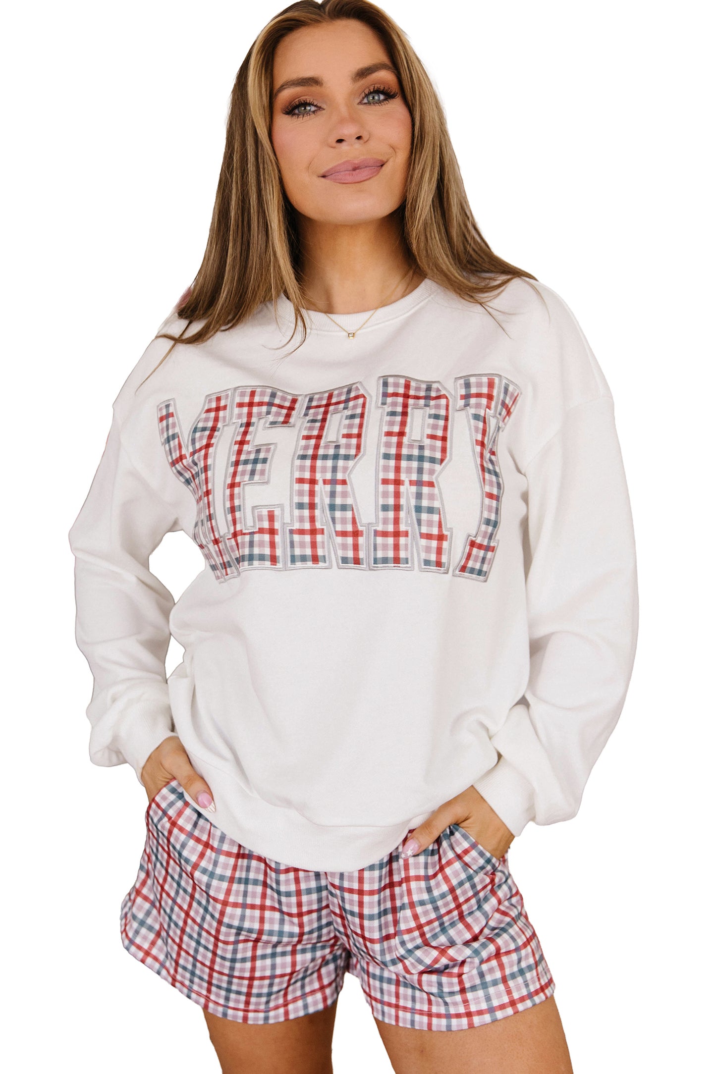 Multicolour Plaid MERRY Holiday Long Sleeve Top and Shorts Set