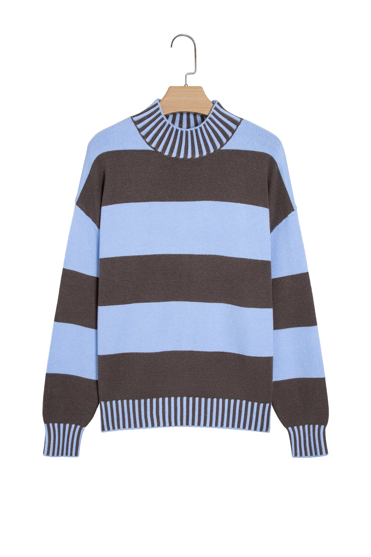 Sky Blue Stripe Contrast High Neck Dropped Shoulder Relaxed Pullover Sweater