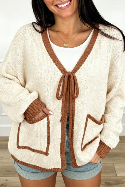 Chestnut Contrast Trim V-Neck Tie Front Loose Sweater Cardigan