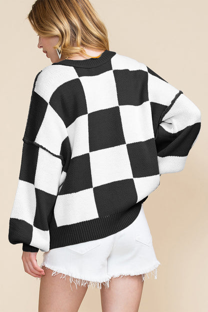 Black Checkered Bishop Sleeve Sweater