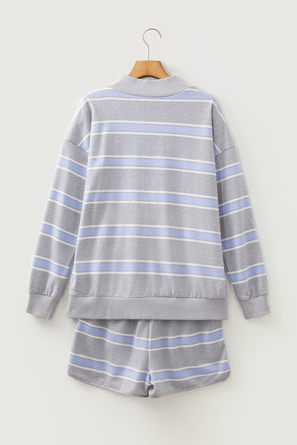 Sky Blue Stripe Exposed Seam Patchwork High Neck Long Sleeve Top and Shorts Set