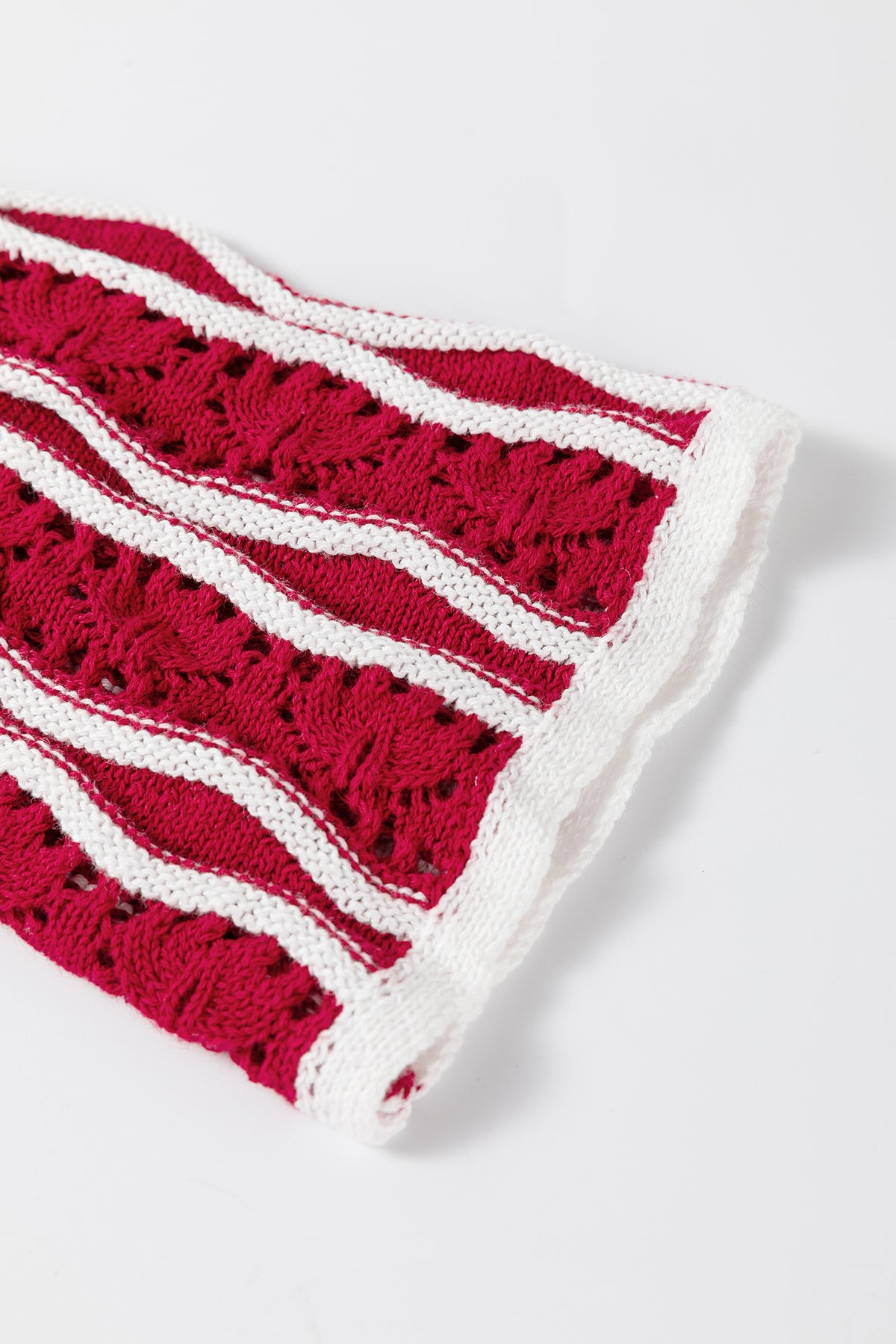 Racing Red Wavy Detail Hollow Out Knit Long Sleeve Cotton Pullover Sweater