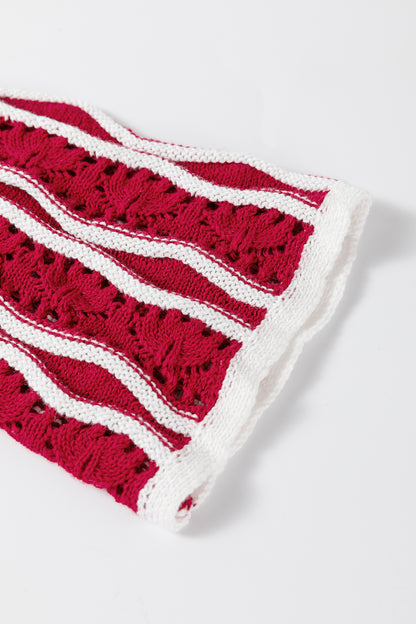 Racing Red Wavy Detail Hollow Out Knit Long Sleeve Cotton Pullover Sweater