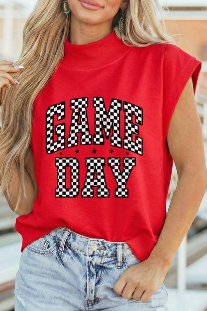 Racing Red Game Day Checkered Print High Neck Short Sleeve op