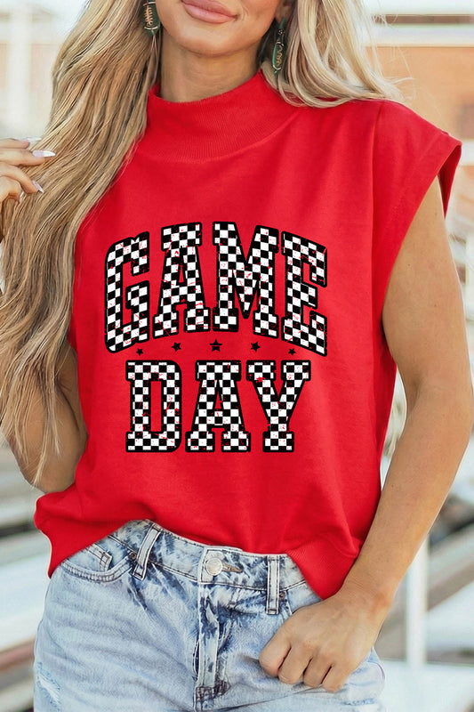 Racing Red Game Day Checkered Print High Neck Short Sleeve op