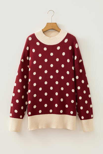 Red Polka Dot Pattern Ribbed Colorblock Trim Split Tunic Sweater