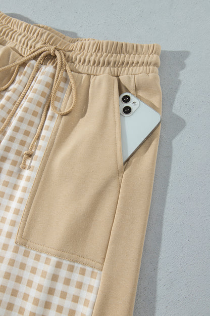 Pink Color Block Plaid Patchwork Long Sleeve Pullover Wide Leg Pant Set