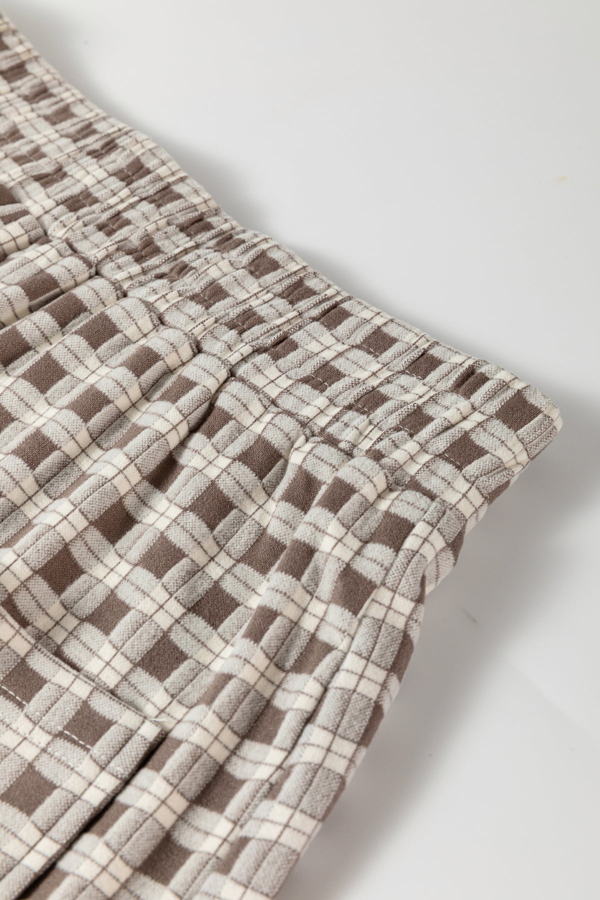 Brown Plaid Elastic Waist Patch Pocket Wide Leg Pants