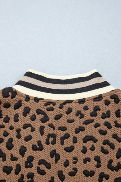 Brown Leopard Print Striped Trim Collar Long Sleeve Shift Pullover