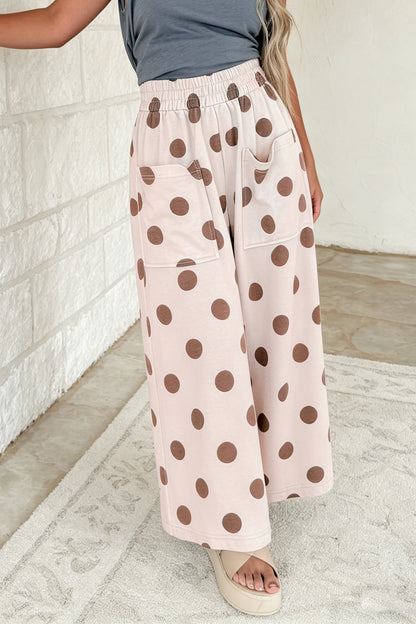 Brown Polka Dot Wide Leg Elastic Waist Casual Pants