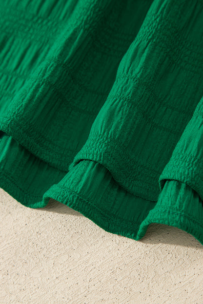 Dark Green Textured Square Neck Top and Shirred High Waist Shorts Set