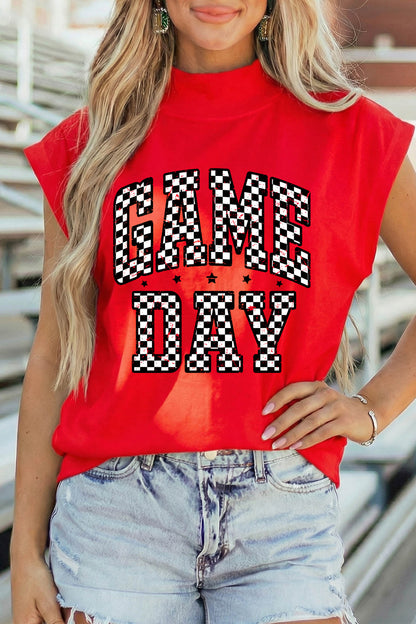 Racing Red Game Day Checkered Print High Neck Short Sleeve op