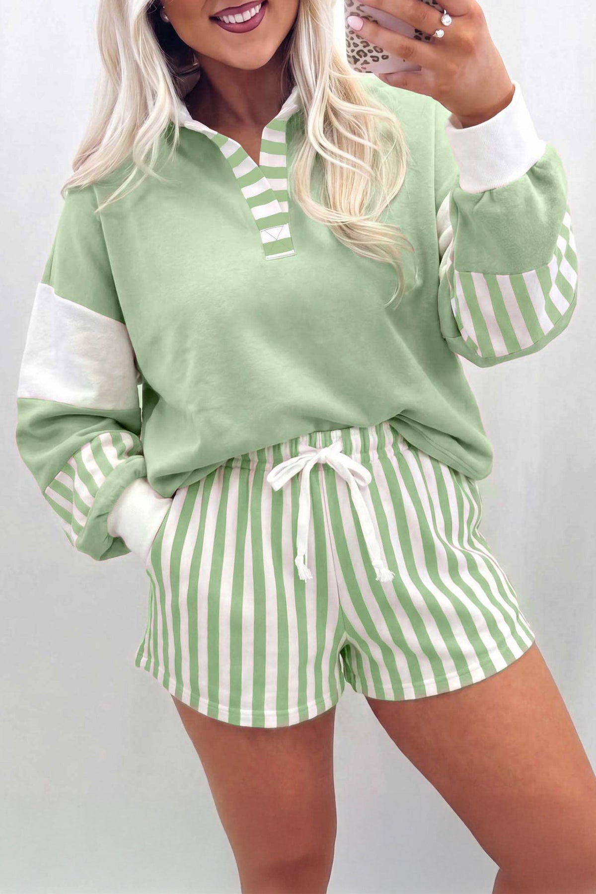 Black Striped Color Block Pullover Top Drawstring Shorts Set