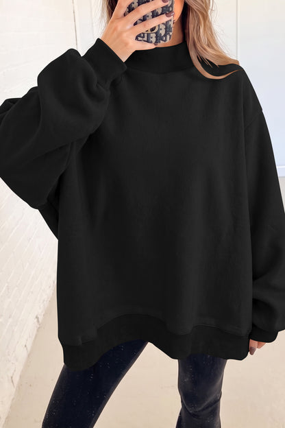Black Oversize Drop Shoulder Reversible Mock Neck Sweatshirt
