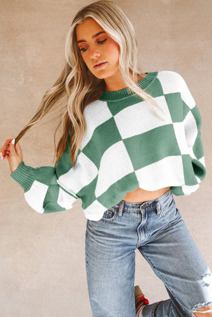 Black Checkered Bishop Sleeve Sweater