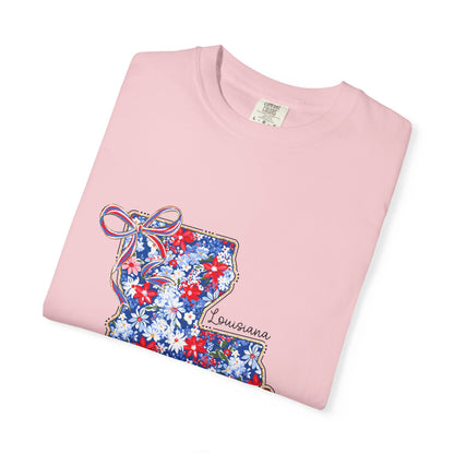 Louisiana Floral State Map T-Shirt — Red, White & Blue "Louisiana" Design