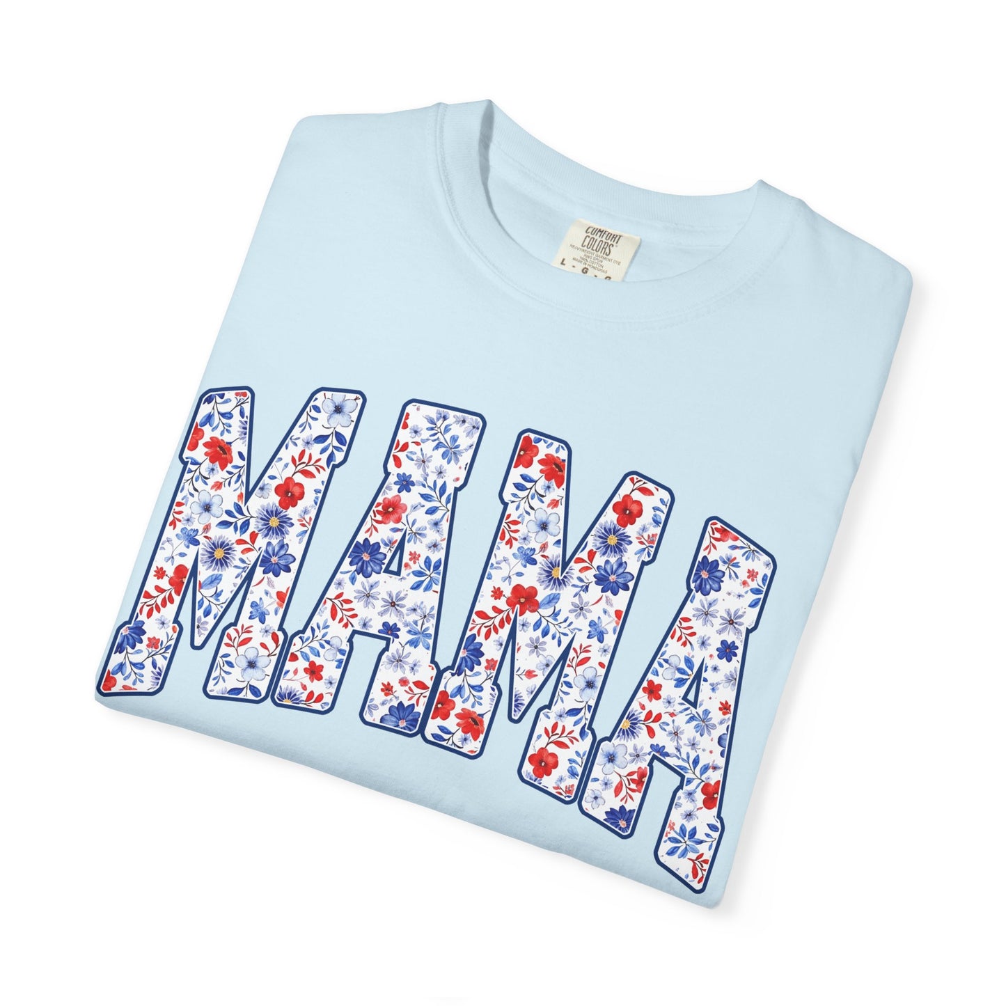 Mama in blue floral T-shirt