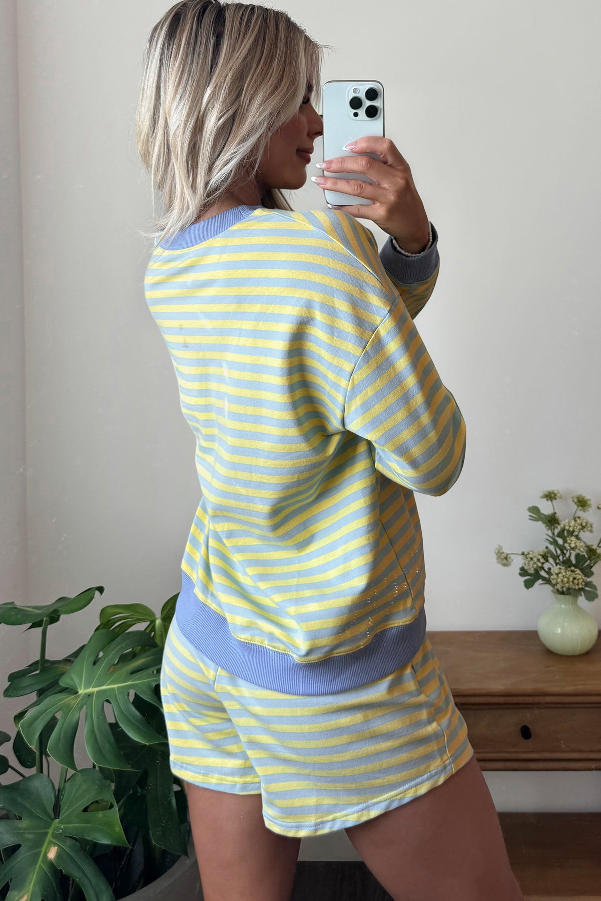 Green Stripe Color Block Detail Long Sleeve Pullover Elastic Waist Pull On Shorts 2pcs Set