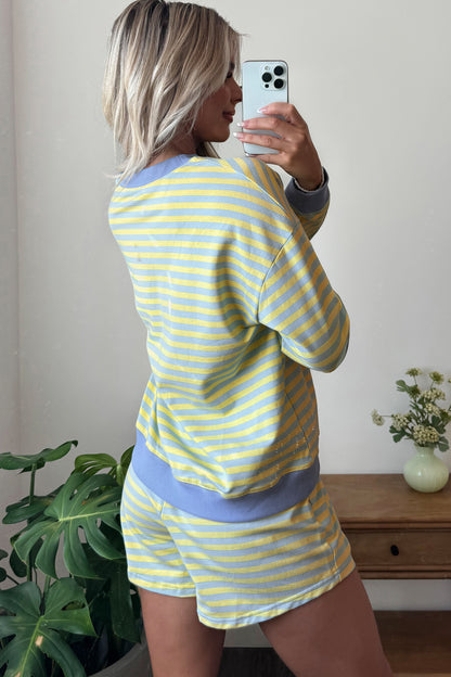Green Stripe Color Block Detail Long Sleeve Pullover Elastic Waist Pull On Shorts 2pcs Set
