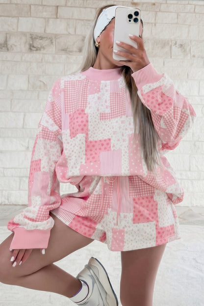 Sky Blue Patchwork Floral Print Drop Shoulder Baggy Pullover Drawstring Shorts Set