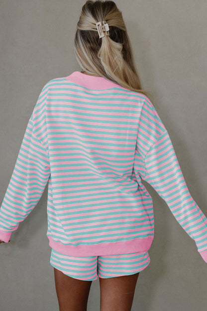 Green Stripe Color Block Detail Long Sleeve Pullover Elastic Waist Pull On Shorts 2pcs Set