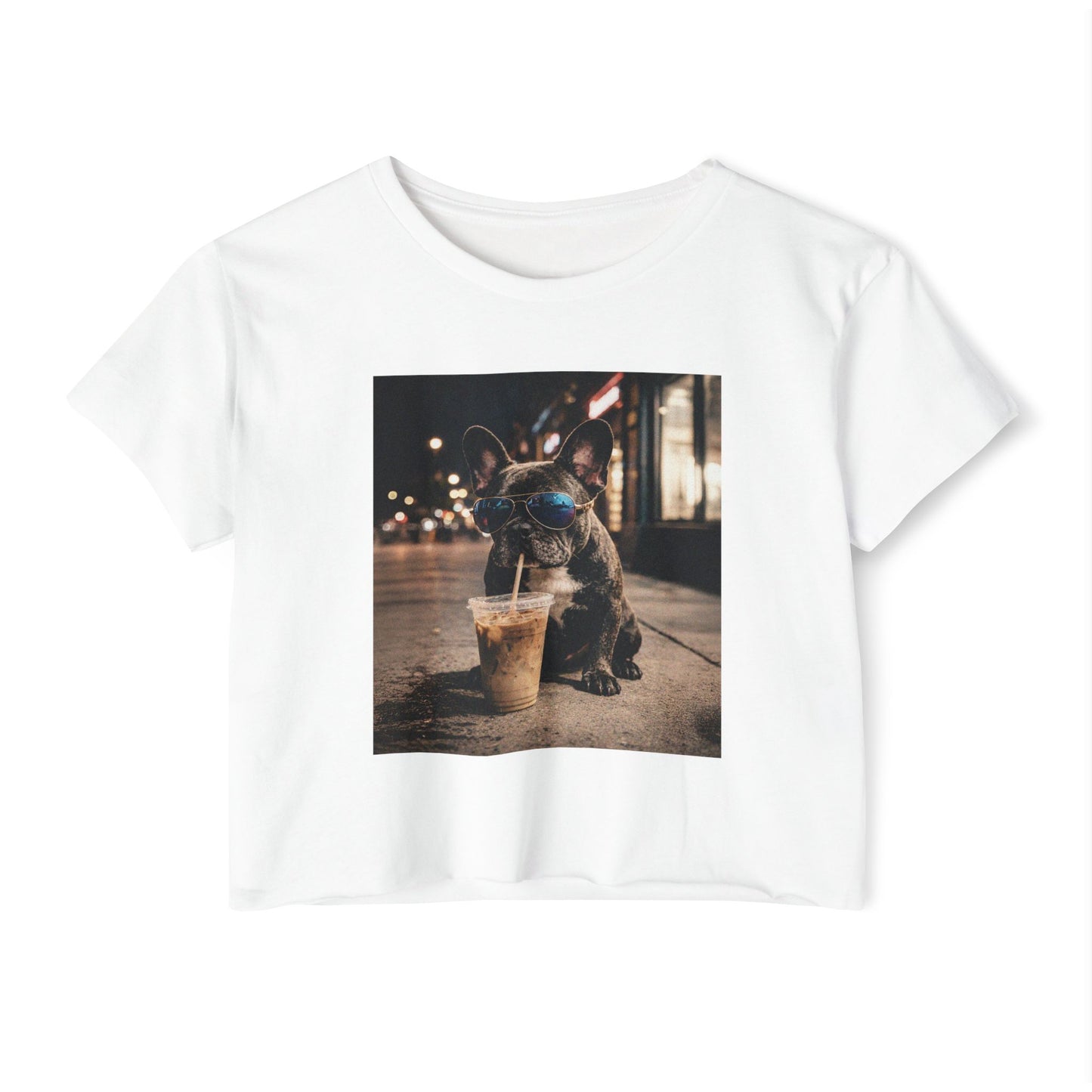 Crop Top — Cute French Bulldog Drinking Iced Coffee Graphic