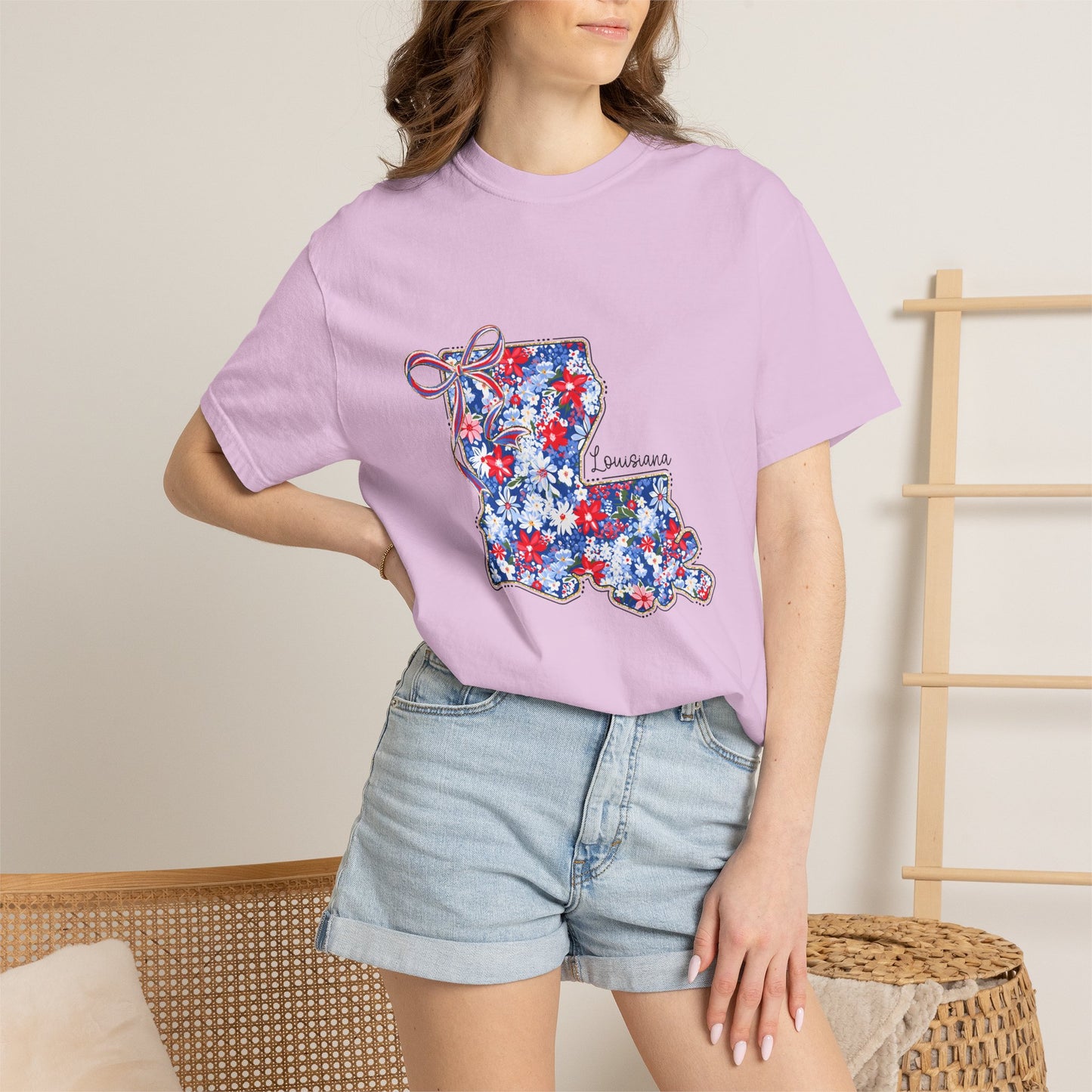 Louisiana Floral State Map T-Shirt — Red, White & Blue "Louisiana" Design