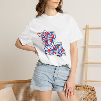 Louisiana Floral State Map T-Shirt — Red, White & Blue "Louisiana" Design