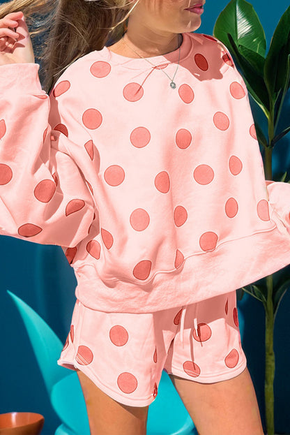 Multicolour Polka Dot Print Drop Shoulder Pullover Drawstring Shorts Set