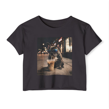 Crop Top — Cute French Bulldog Drinking Iced Coffee Graphic