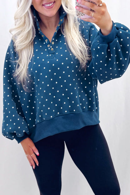 Pink Polka Dot Print Metal Button Collar Casual Pullover Sweatshirt