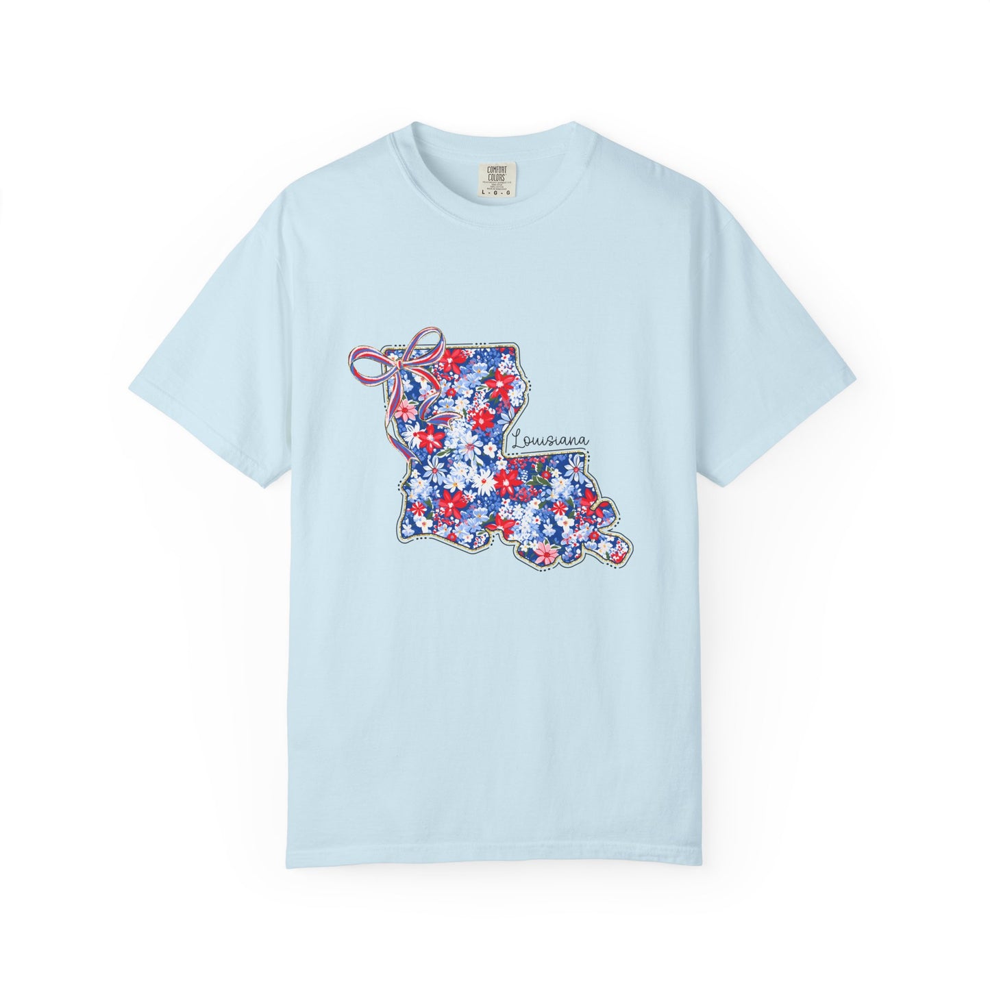 Louisiana Floral State Map T-Shirt — Red, White & Blue "Louisiana" Design