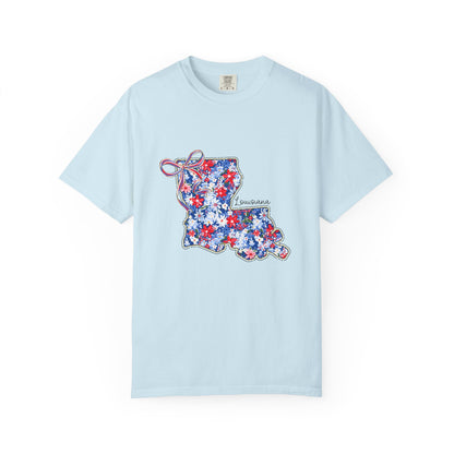 Louisiana Floral State Map T-Shirt — Red, White & Blue "Louisiana" Design