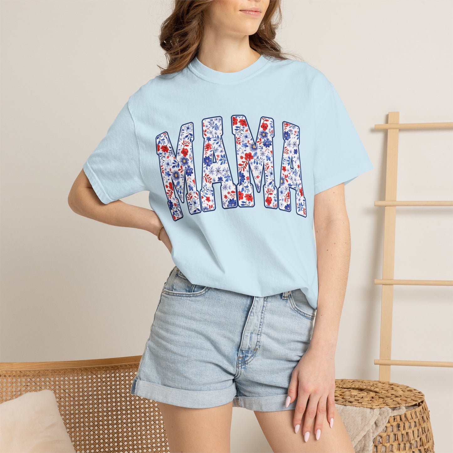 Mama in blue floral T-shirt