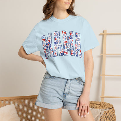 Mama in blue floral T-shirt