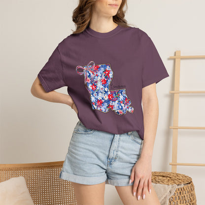 Louisiana Floral State Map T-Shirt — Red, White & Blue "Louisiana" Design