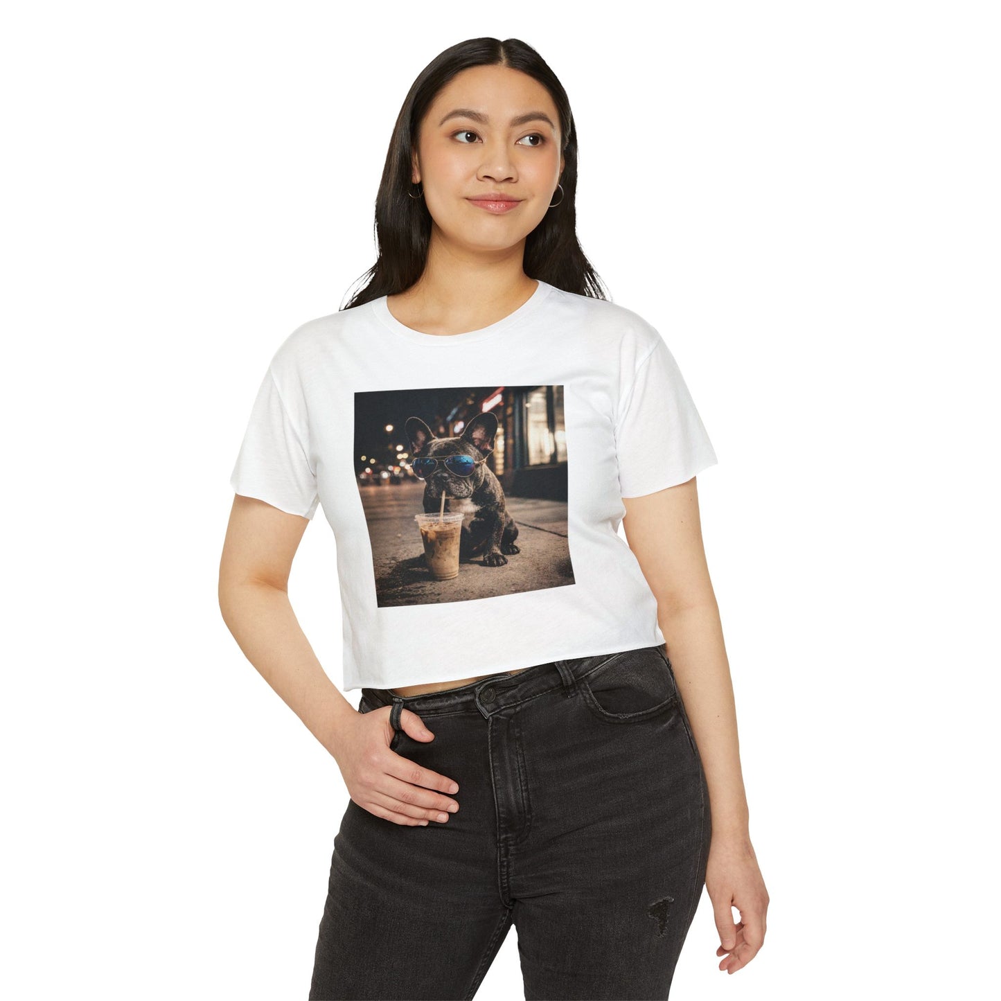 Crop Top — Cute French Bulldog Drinking Iced Coffee Graphic