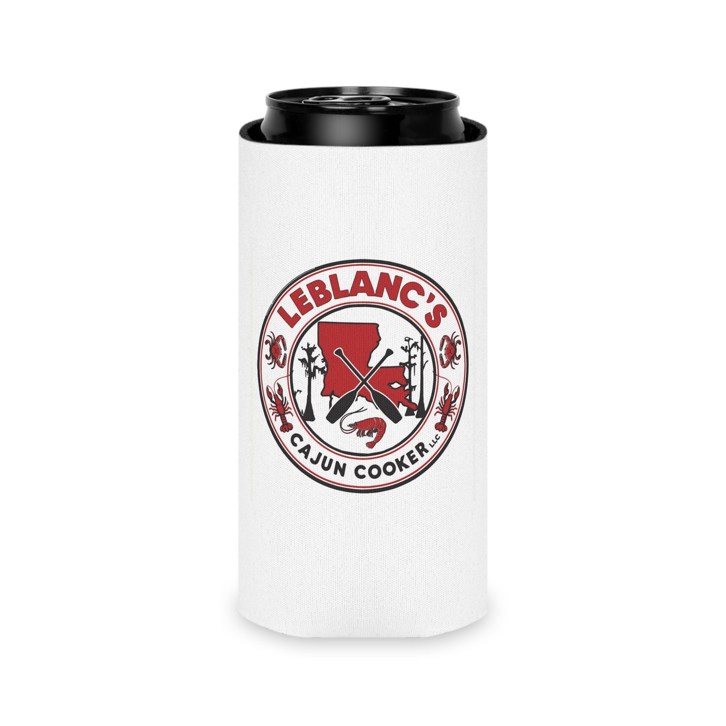 Can Cooler — Leblanc's Cajun Cooker Logo & "Pinch. Peel. Eat. Repeat." Beer Can Cooler