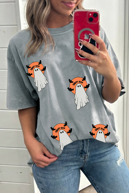 Gray Halloween Ghost Print Short Sleeve Loose Fit T Shirt