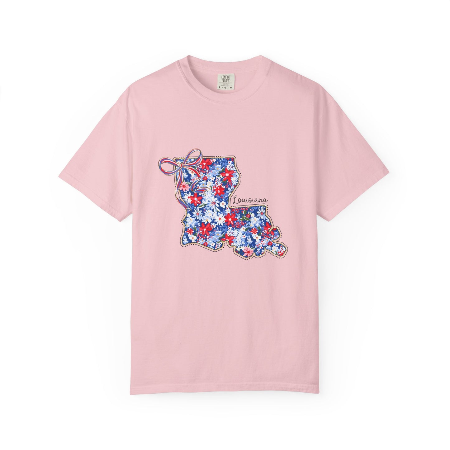 Louisiana Floral State Map T-Shirt — Red, White & Blue "Louisiana" Design