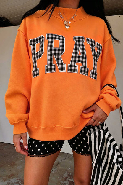 Orange PRAY Plaid Embroidered Mock Neck Sweatshirt