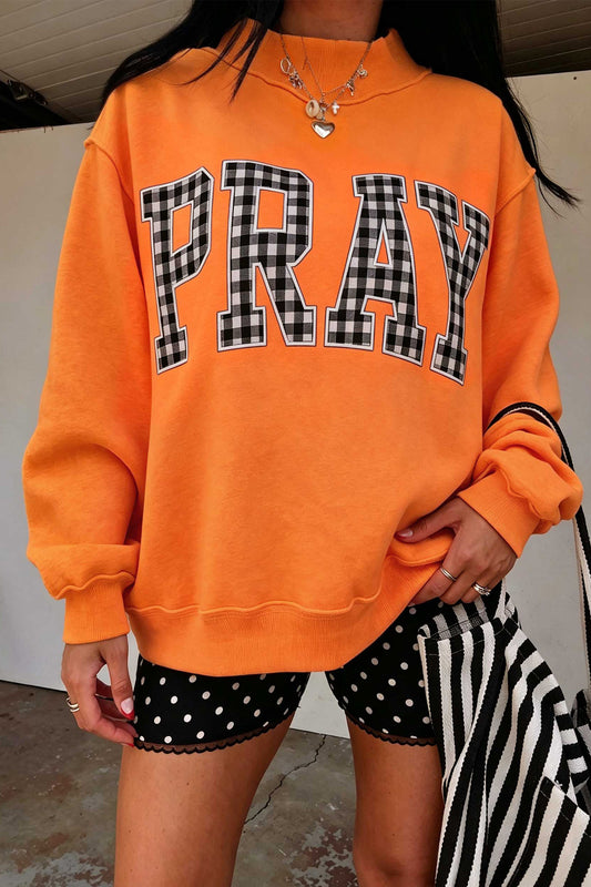 Orange PRAY Plaid Embroidered Mock Neck Sweatshirt