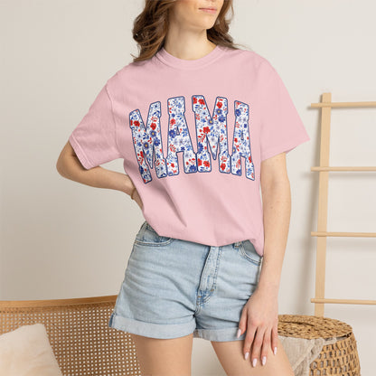 Mama in blue floral T-shirt